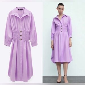 Zara Lilac Purple Shirred Smocked Elastic Waist Midi Long Sleeve Shirt Dress